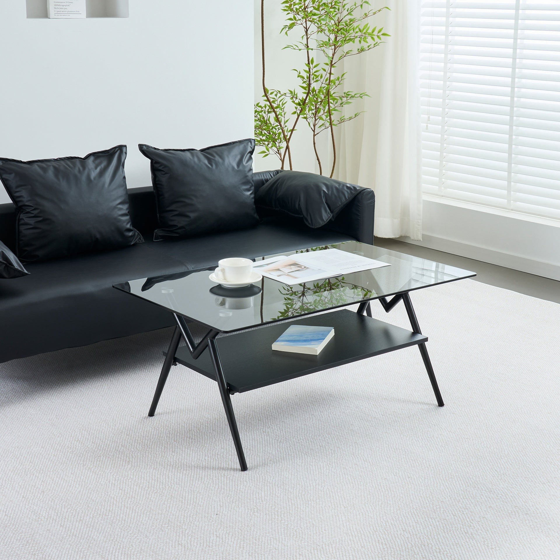 Rectangle Coffee Table with Tempered Glass top and Black MDF Shelf, Modern Table for Living Room, Gray Glass