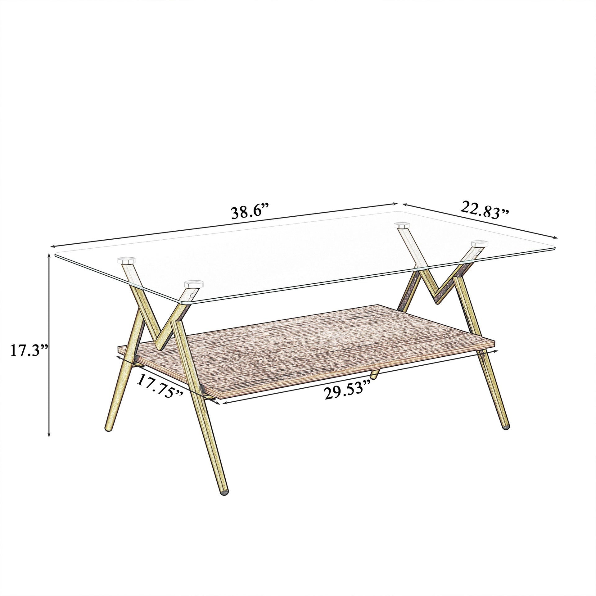 Rectangle Coffee Table with Tempered Glass top and Golden Metal Legs, Modern Table for Living Room , Transparent Glass