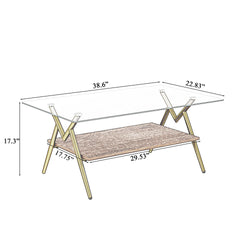 Rectangle Coffee Table with Tempered Glass top and Golden Metal Legs, Modern Table for Living Room , Transparent Glass