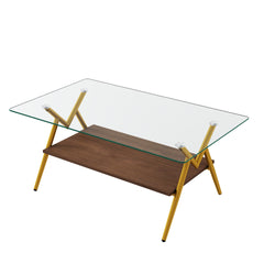 Rectangle Coffee Table with Tempered Glass top and Golden Metal Legs, Modern Table for Living Room , Transparent Glass