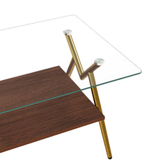 Rectangle Coffee Table with Tempered Glass top and Golden Metal Legs, Modern Table for Living Room , Transparent Glass