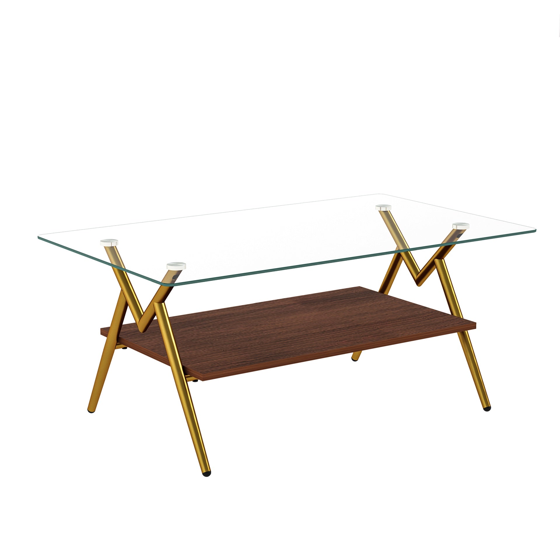 Rectangle Coffee Table with Tempered Glass top and Golden Metal Legs, Modern Table for Living Room , Transparent Glass