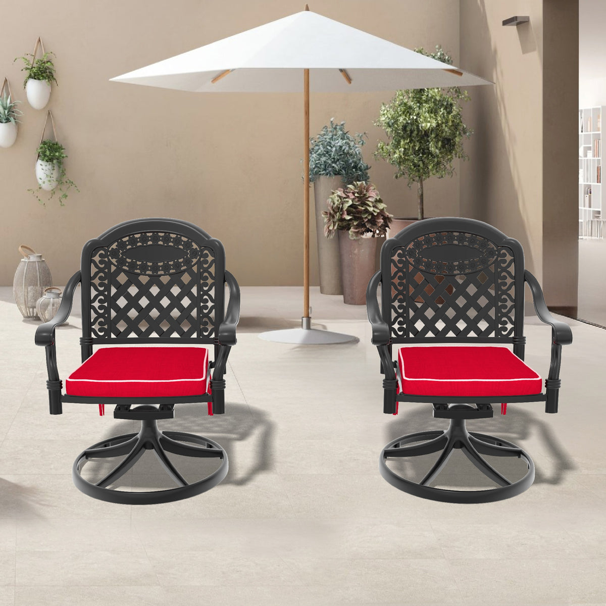 Cast Aluminum Patio Swivel Chair 2PCS With Black Frame and Red Cushions