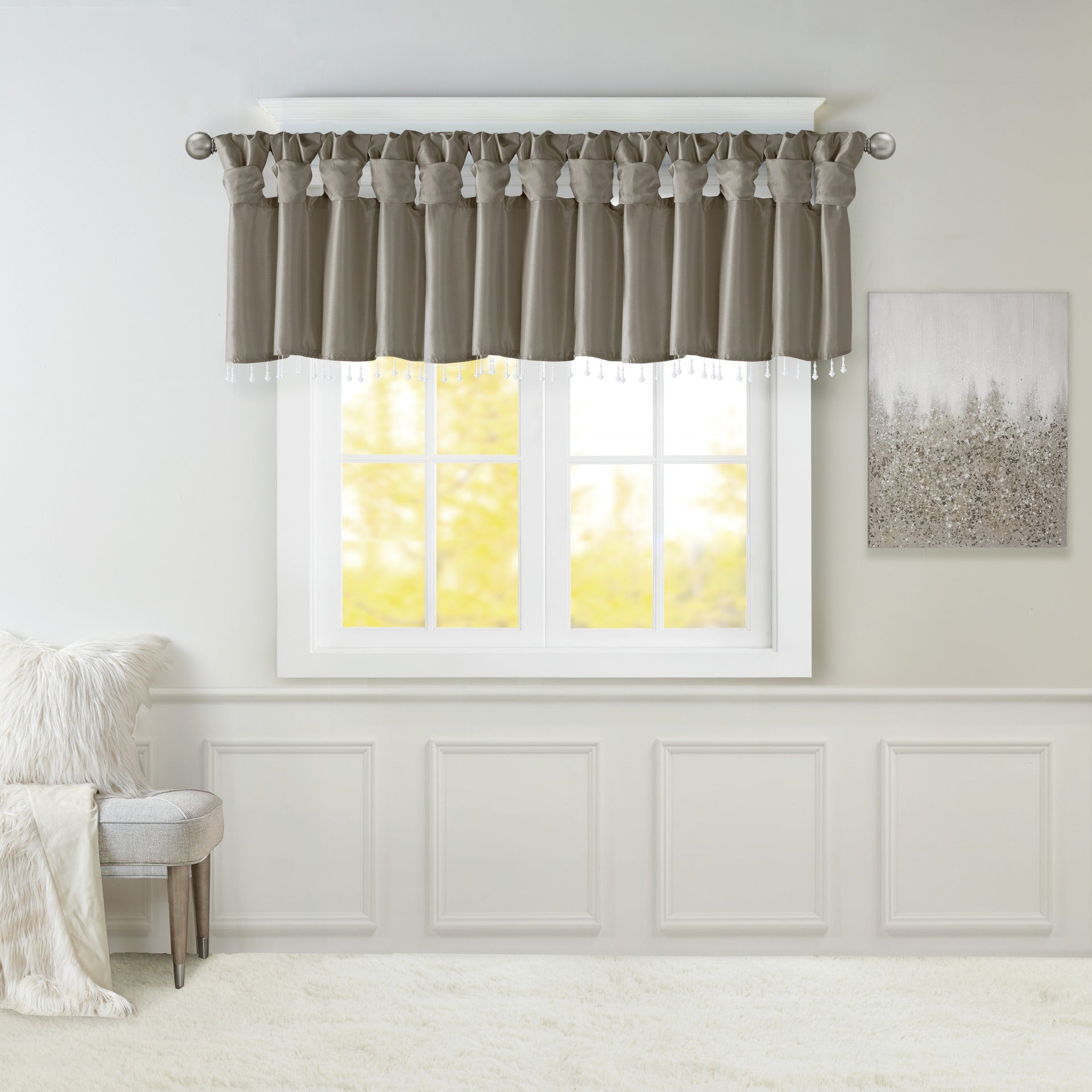 Lightweight Faux Silk Valance With Beads Pewter 50x26"