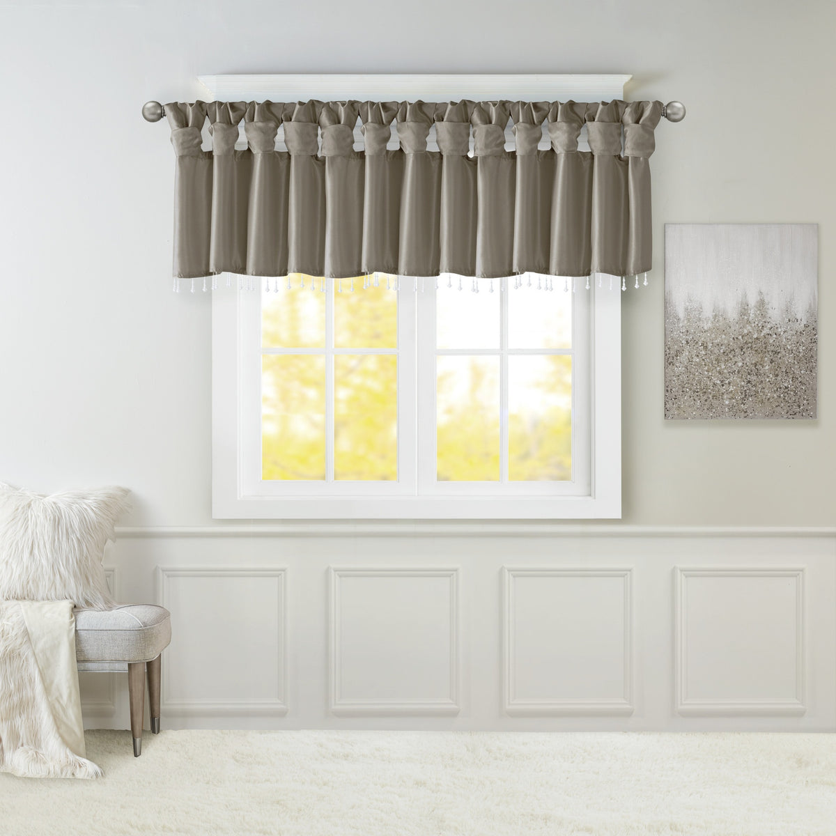 Lightweight Faux Silk Valance With Beads Pewter 50x26"