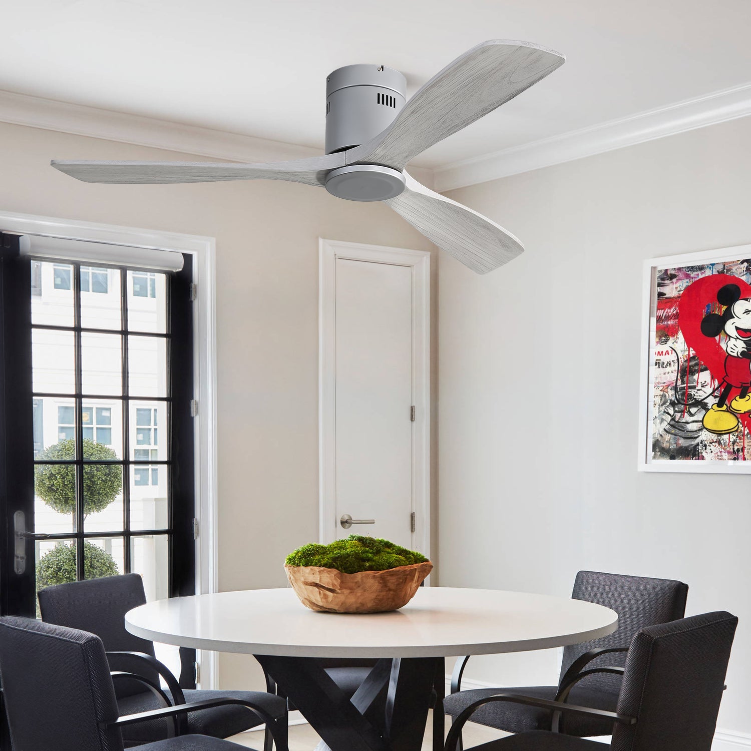 52 Inch Flush Mount Ceiling Fan DC 3 Carved Wood Fan Blade Noiseless Reversible Motor Remote Control Without Light