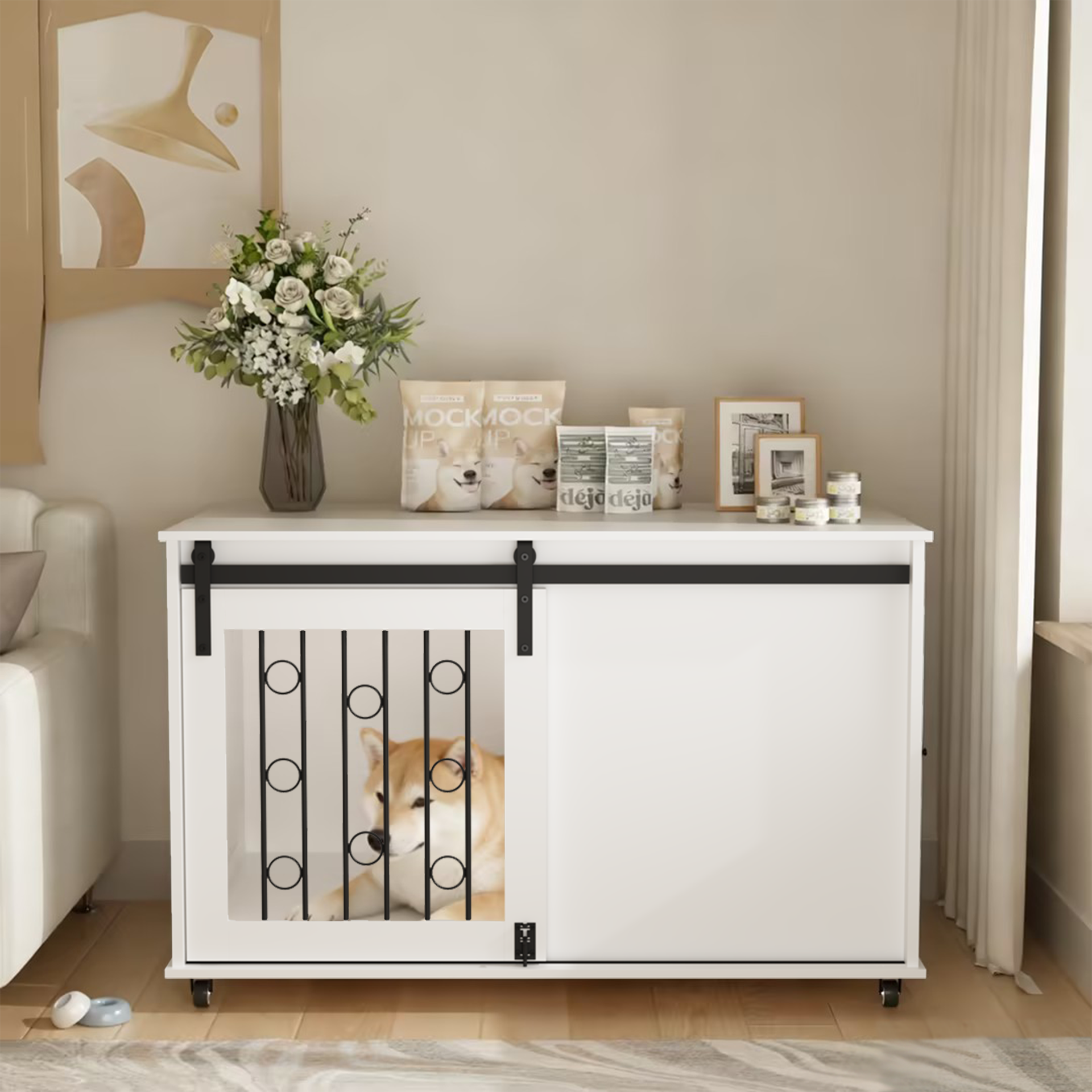 39.37'' Modern Wooden Dog Crate Furniture with Sliding Barn Door and Side Door, Indoor Dog Kennel End Table for Small to Medium Dogs, Decorative Pet Crate with Metal Bars and Lockable Wheels – White