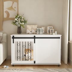 39.37'' Modern Wooden Dog Crate Furniture with Sliding Barn Door and Side Door, Indoor Dog Kennel End Table for Small to Medium Dogs, Decorative Pet Crate with Metal Bars and Lockable Wheels – White
