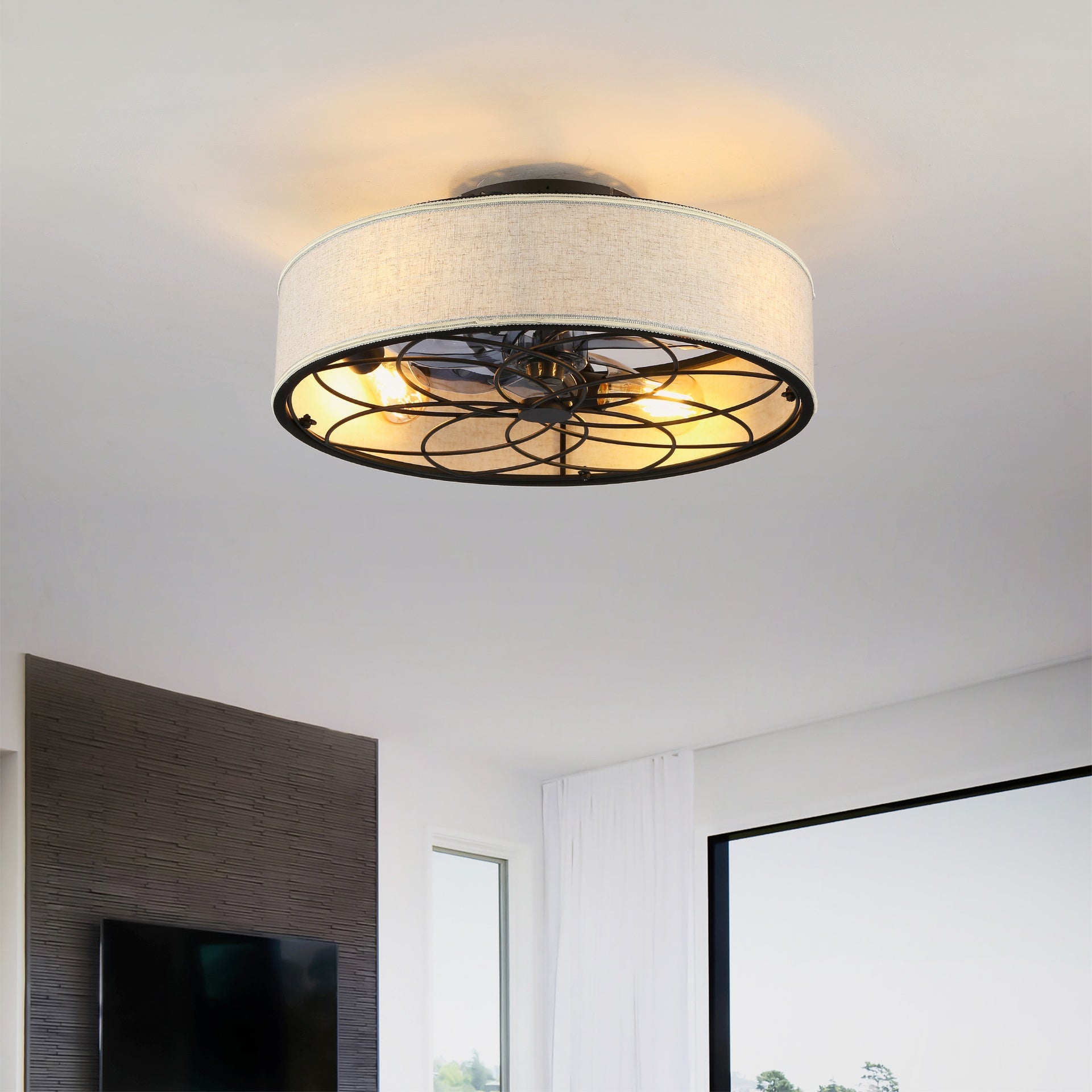 20"  Low Profile Fabric Farmhouse Bladeless Ceiling fan With Remote Control,Low Profile Modern Enclosed Ceiling Fans with Reversible Motor For Living room, Bedroom,Kitchen--NOT INCLUDED BULBS