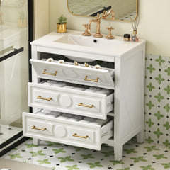 30'' Bathroom Vanity with Ceramic Sink Combo, Free Standing Single Vanity Set with 3 Drawers, Solid Wood Frame Bathroom Storage Cabinet, White
