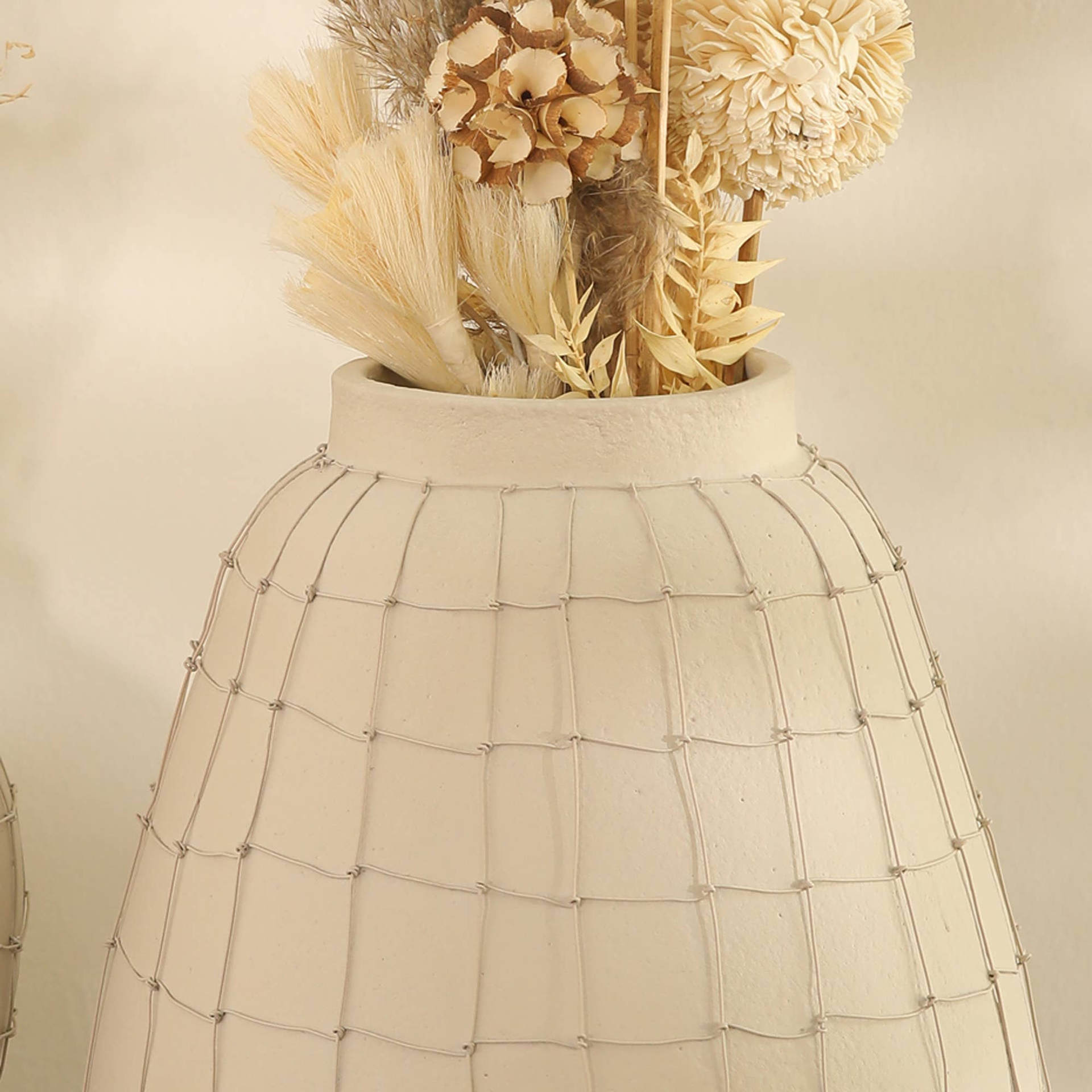 Leianna Handmade Off White Large Terracotta Vase with Wireframe Contemporary Design, Handmade-11.5X11.5X15.5"