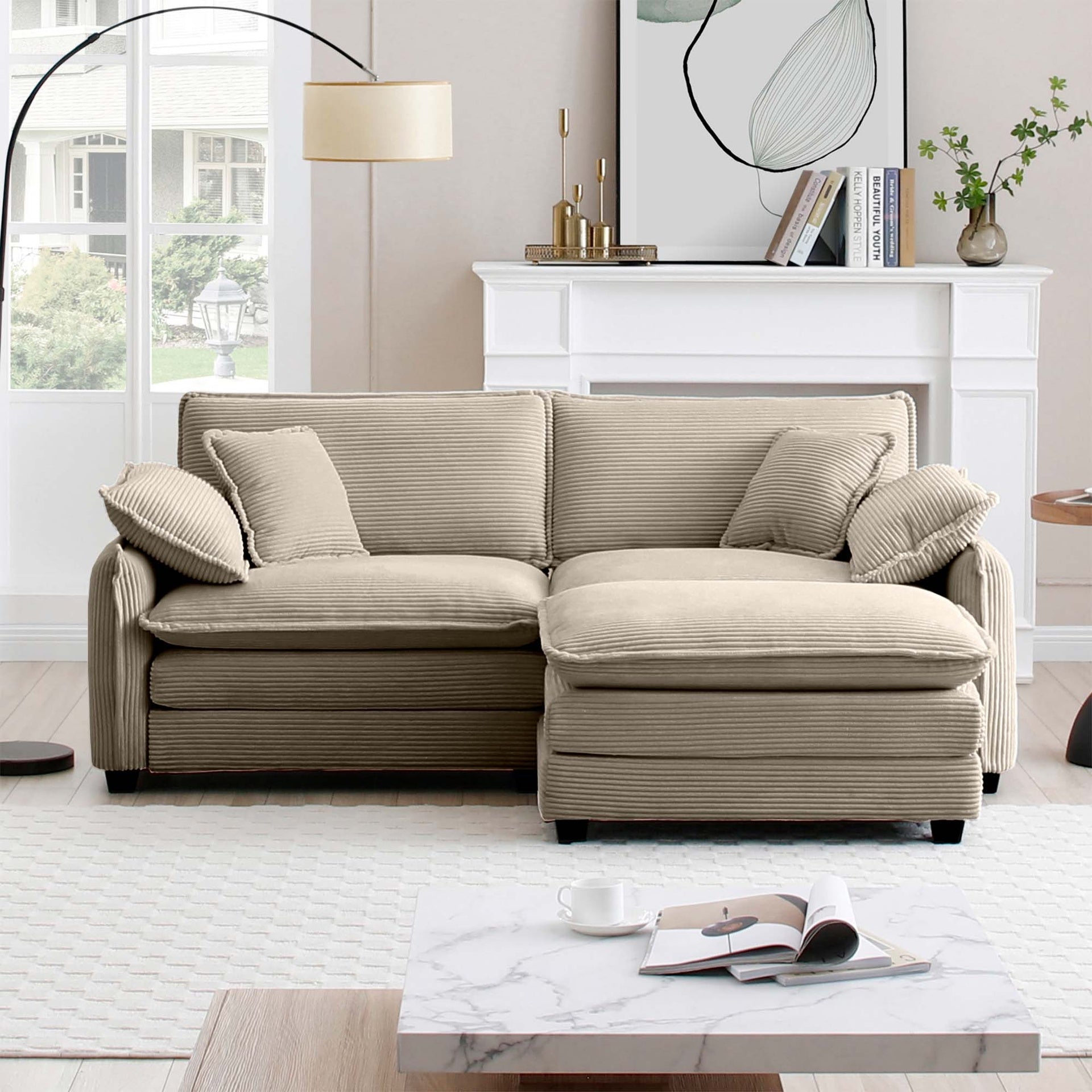 Two-Seater Sofa  with One Footrest, L-Shaped 2-Seater Sofa with Ottoman for Small Living Spaces,Tan Corduroy