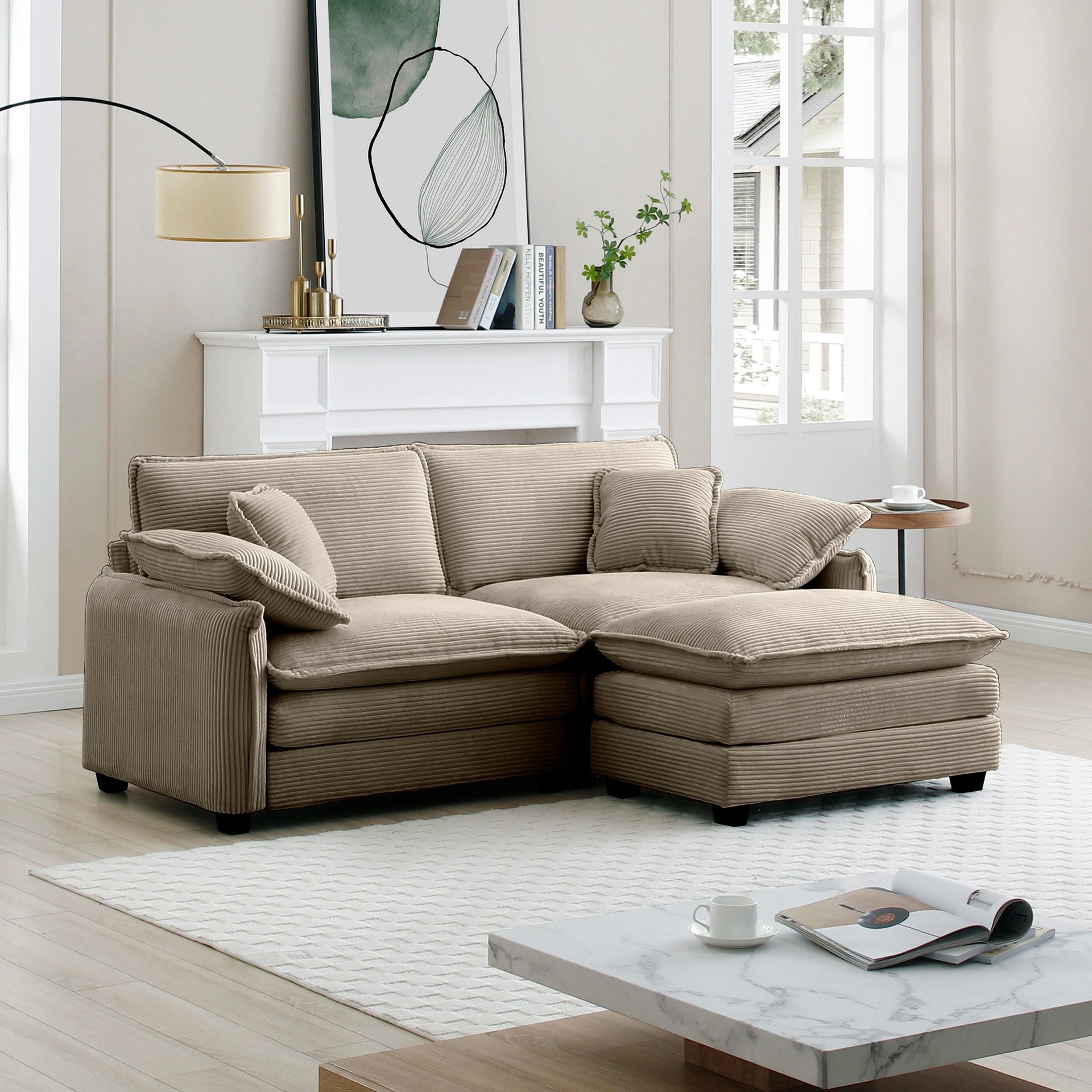 Two-Seater Sofa  with One Footrest, L-Shaped 2-Seater Sofa with Ottoman for Small Living Spaces,Tan Corduroy