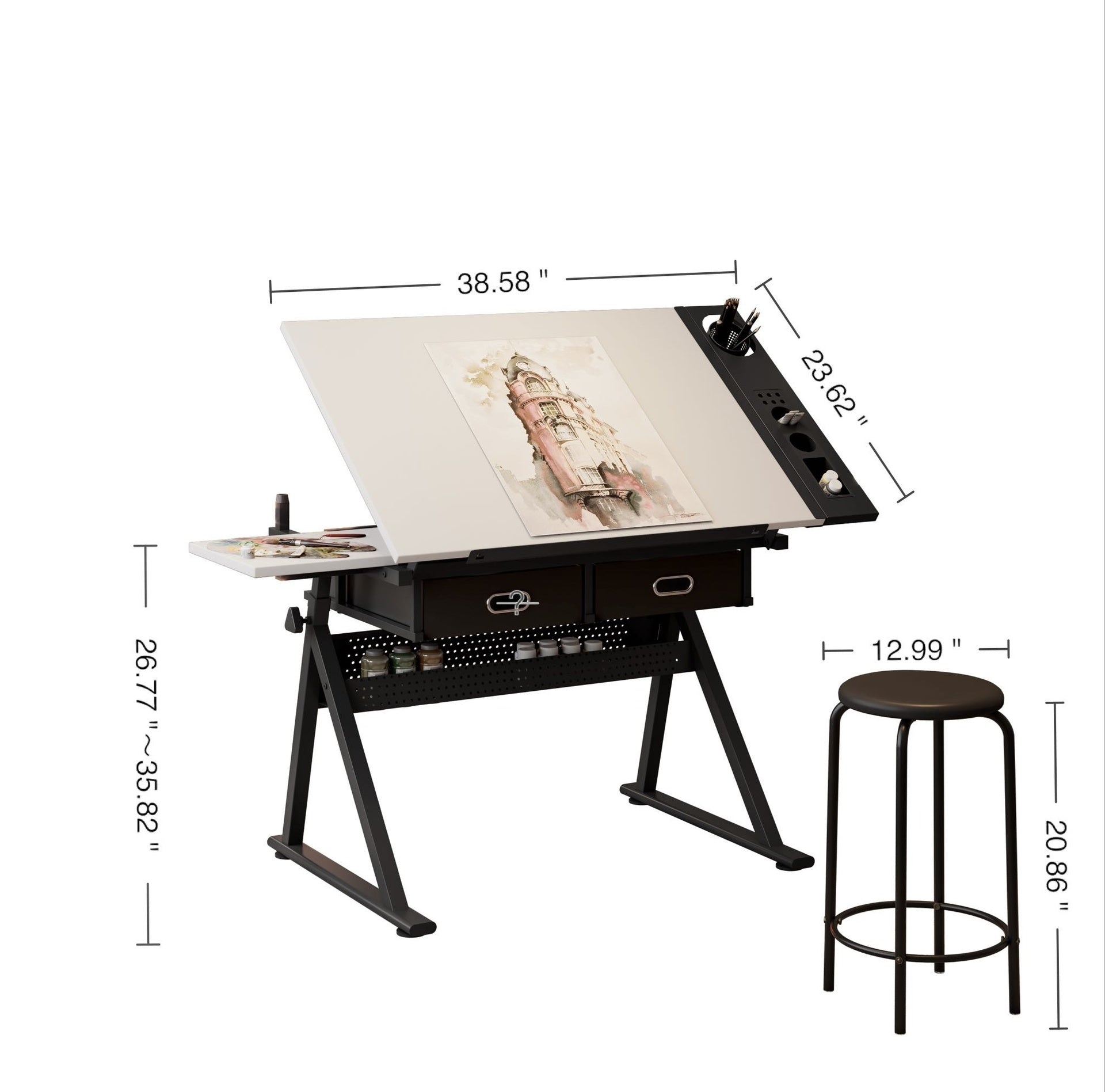adjustable drawing drafting table desk with 2 drawers for home office and school with stool(white)