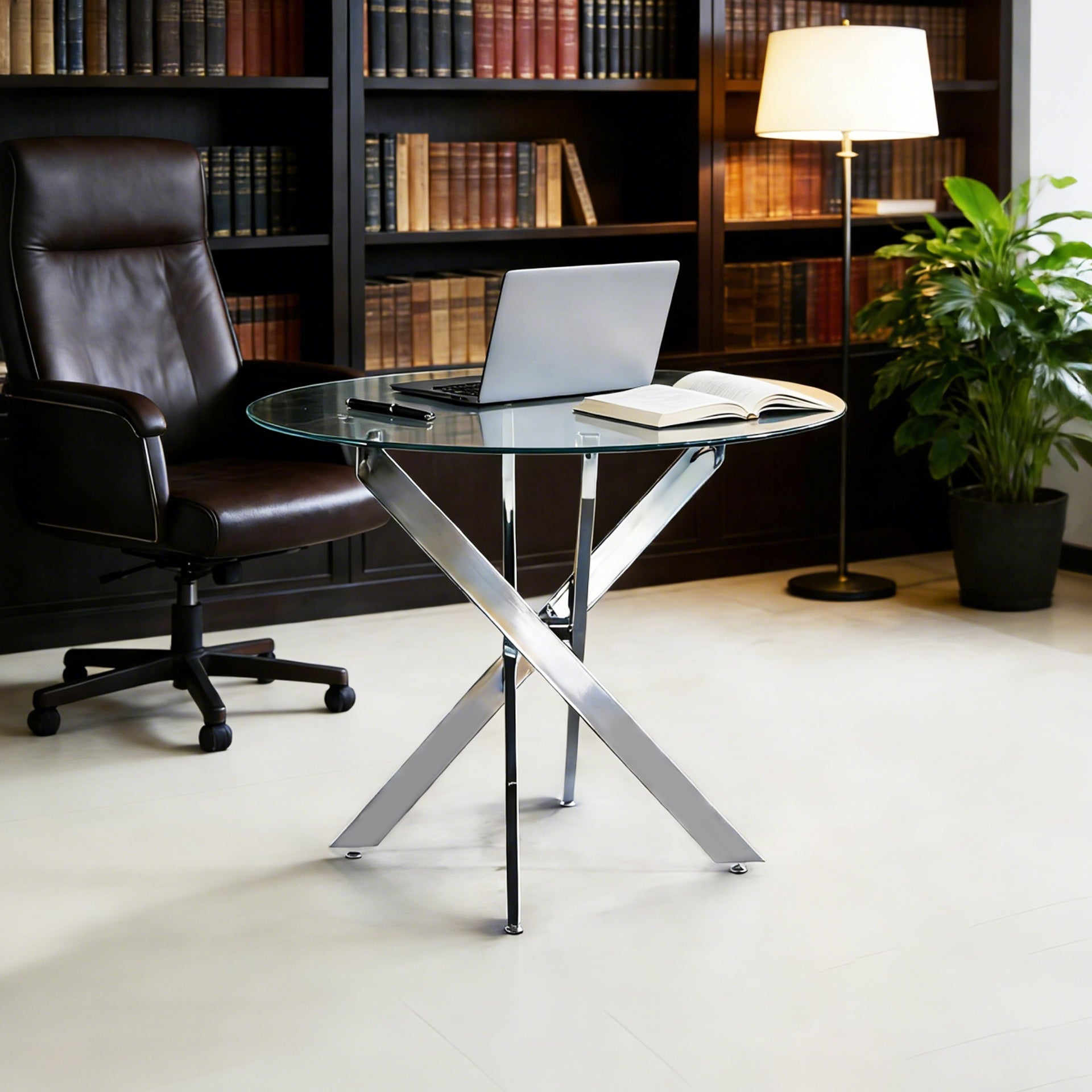 Dining Table with cross metal leg and tempered glass,Modern Space Saving Kitchen Table for Living Room,chrome legs