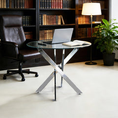 Dining Table with cross metal leg and tempered glass,Modern Space Saving Kitchen Table for Living Room,chrome legs