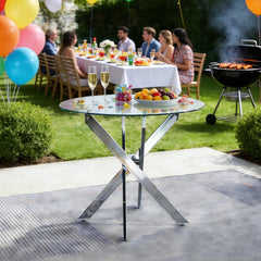 Dining Table with cross metal leg and tempered glass,Modern Space Saving Kitchen Table for Living Room,chrome legs