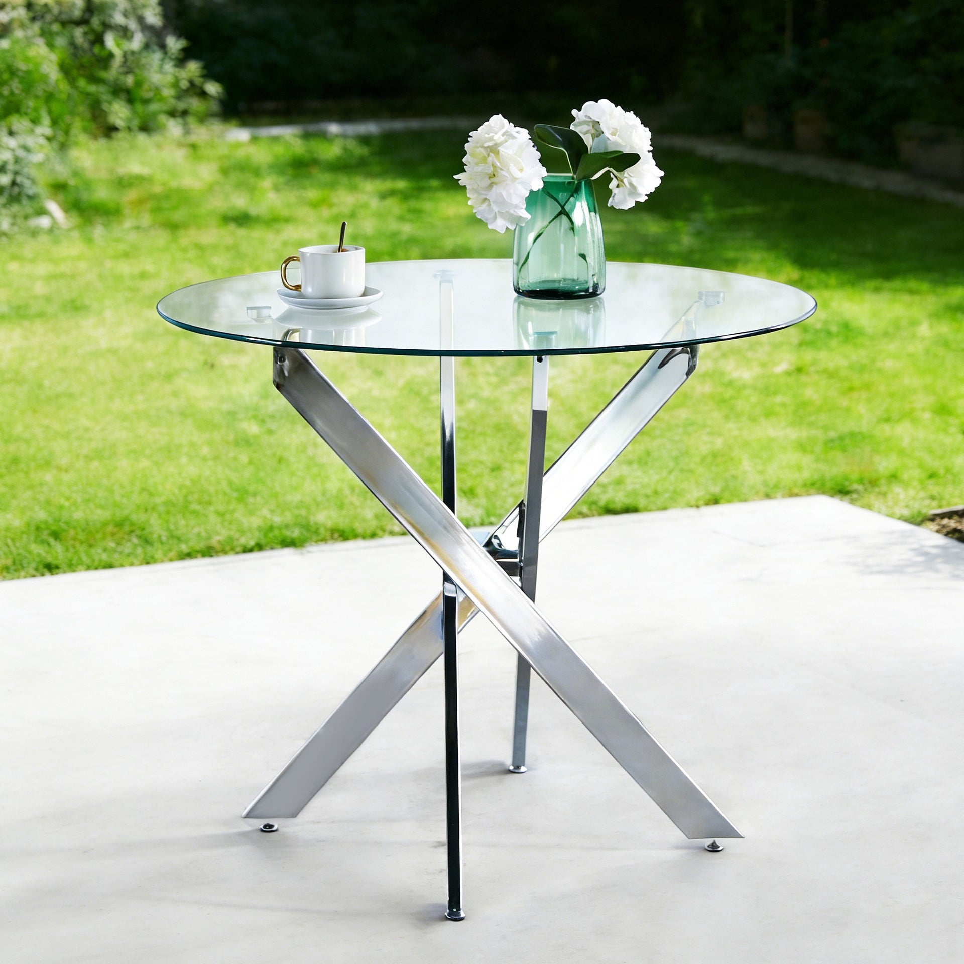 Dining Table with cross metal leg and tempered glass,Modern Space Saving Kitchen Table for Living Room,chrome legs