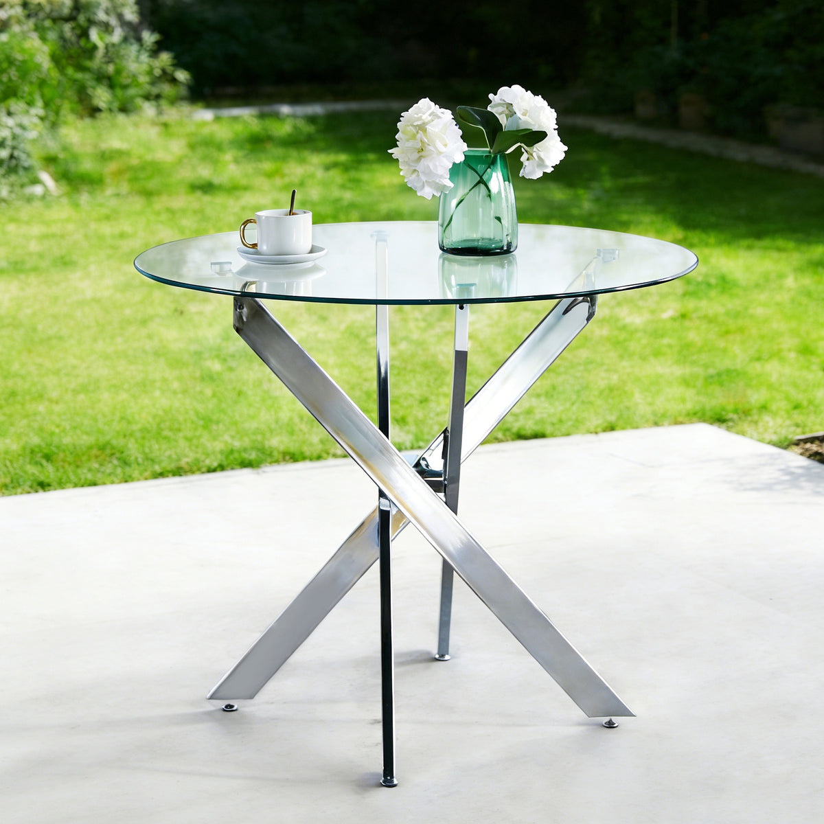 Dining Table with cross metal leg and tempered glass,Modern Space Saving Kitchen Table for Living Room,chrome legs