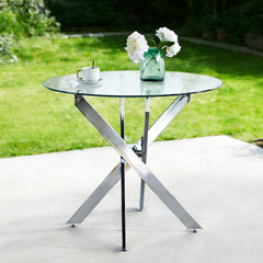 Dining Table with cross metal leg and tempered glass,Modern Space Saving Kitchen Table for Living Room,chrome legs