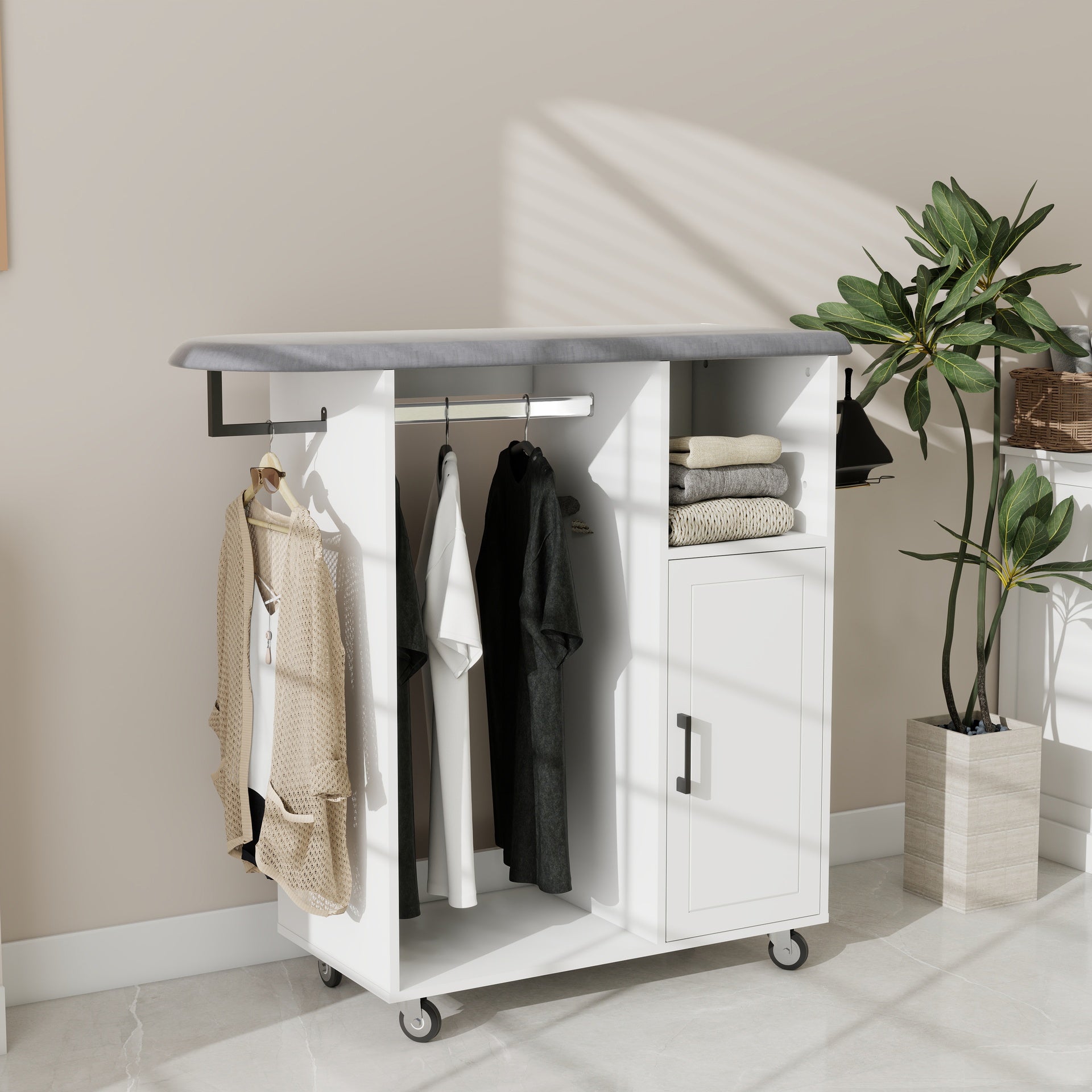 Ironing Cart with Rolling Ironing Board, Multipurpose Ironing Cabinet with Wheels, Compact Ironing Solution for Laundry Room, Bedroom,Cloakroom-White