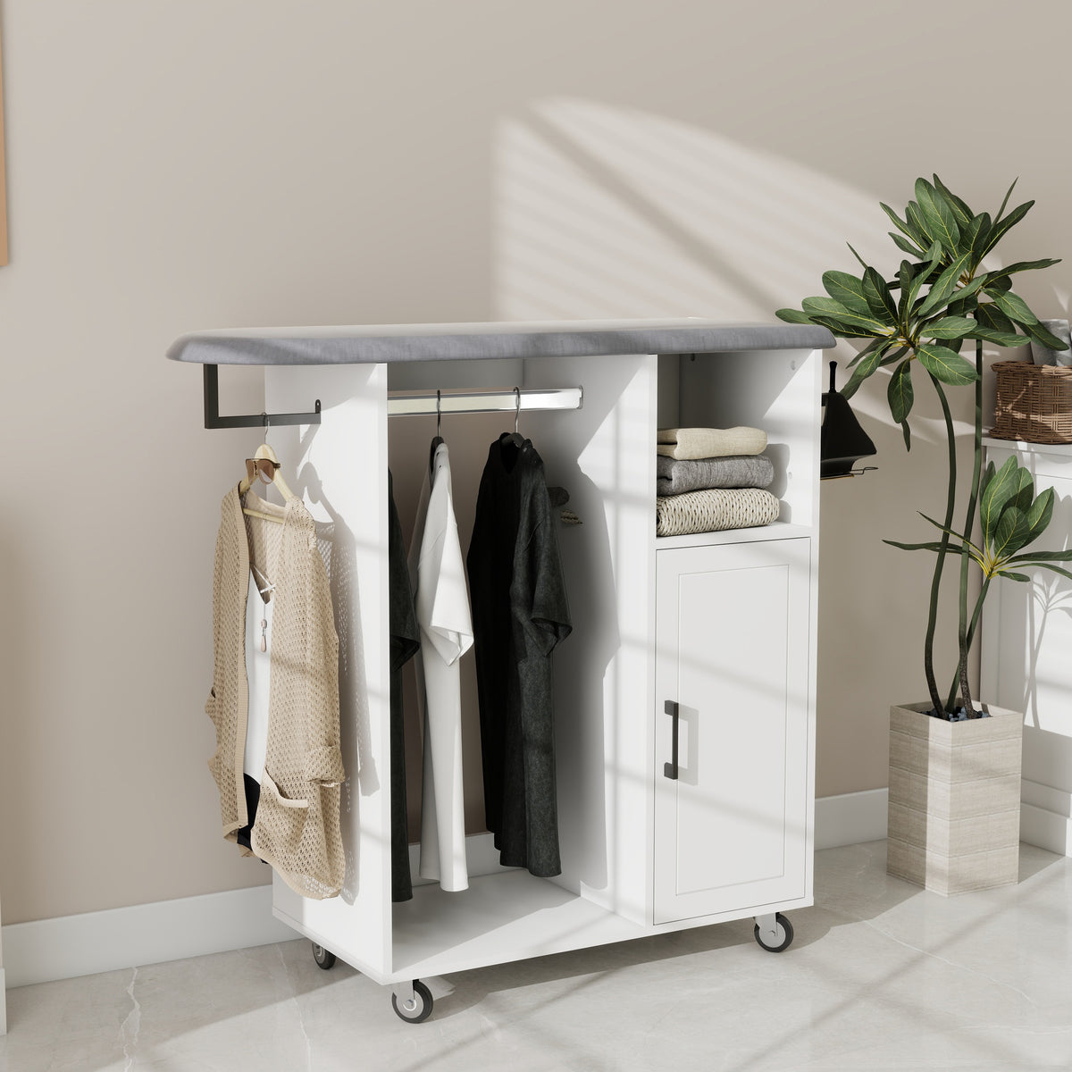 Ironing Cart with Rolling Ironing Board, Multipurpose Ironing Cabinet with Wheels, Compact Ironing Solution for Laundry Room, Bedroom,Cloakroom-White