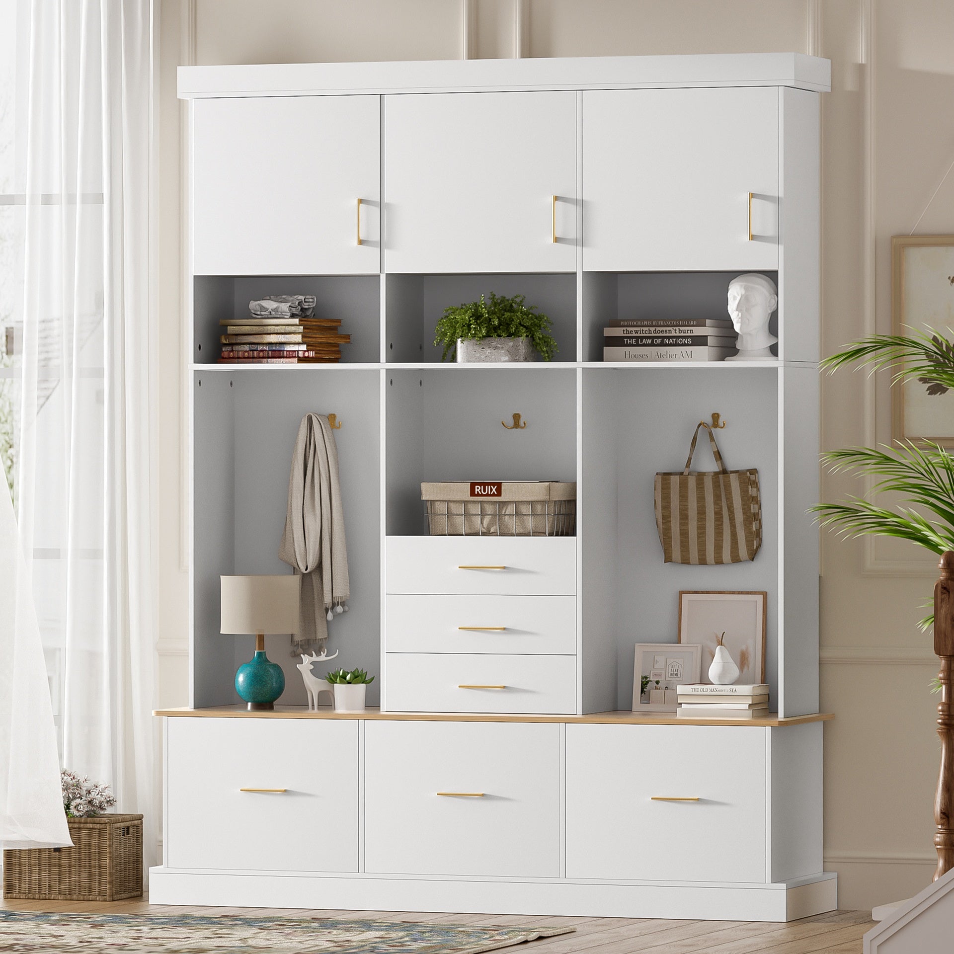 U-Can 75'' H Entryway Hall Tree with Bench and Storage, 5-in-1 Modern Hall Tree with Coat Rack, 6 Drawers, 3 Cabinets and 3-Tier Top Storage for Hallway, Entryway, Living Room, Mudroom