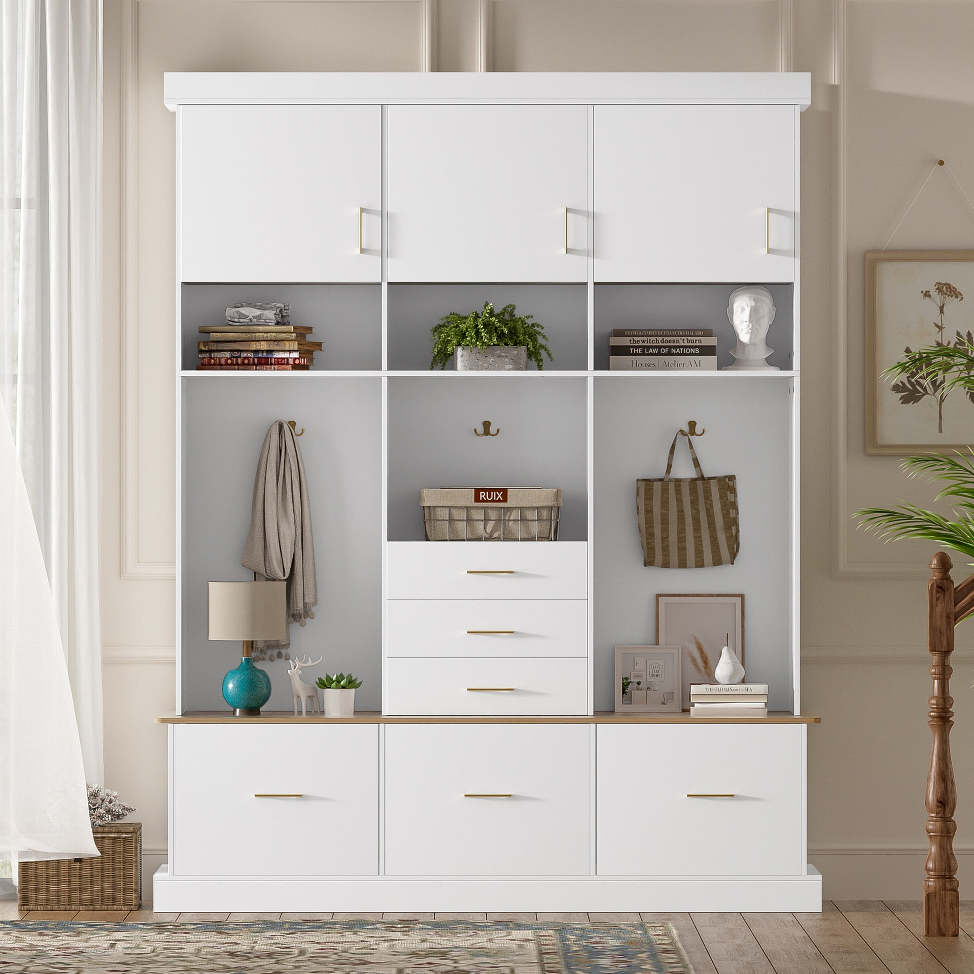 U-Can 75'' H Entryway Hall Tree with Bench and Storage, 5-in-1 Modern Hall Tree with Coat Rack, 6 Drawers, 3 Cabinets and 3-Tier Top Storage for Hallway, Entryway, Living Room, Mudroom