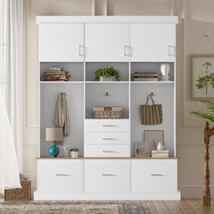 U-Can 75'' H Entryway Hall Tree with Bench and Storage, 5-in-1 Modern Hall Tree with Coat Rack, 6 Drawers, 3 Cabinets and 3-Tier Top Storage for Hallway, Entryway, Living Room, Mudroom