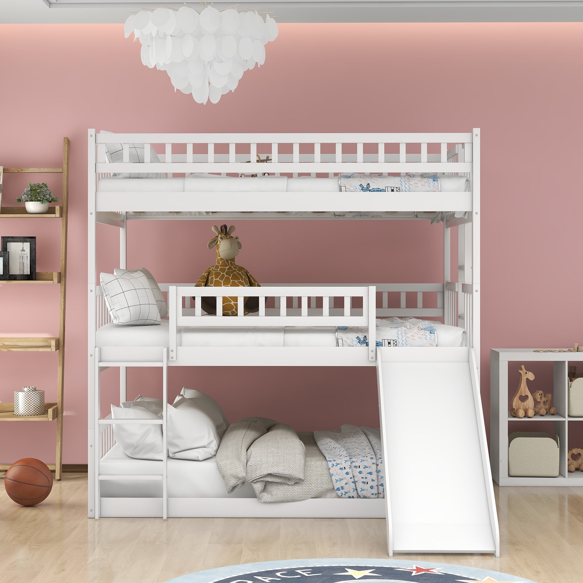 Full-Over-Full-Over-Full Triple Bed with Built-in Ladder and Slide , Triple Bunk Bed with Guardrails, White