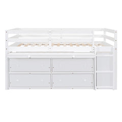 Full Size Loft Bed with Retractable Writing Desk and 4 Drawers, Wooden Loft Bed with Lateral Portable Desk and Shelves, White