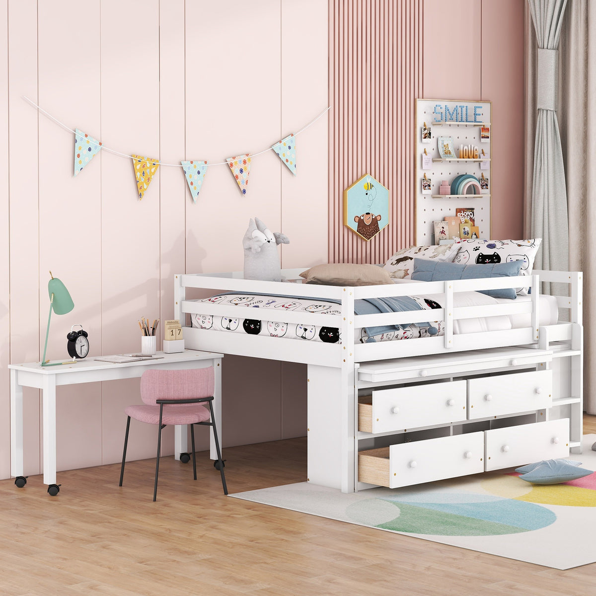 Full Size Loft Bed with Retractable Writing Desk and 4 Drawers, Wooden Loft Bed with Lateral Portable Desk and Shelves, White