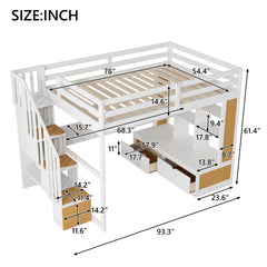 Full Size Loft Bed with Desk and Shelves, Two Built-in Drawers, Storage Staircase, White and Natural