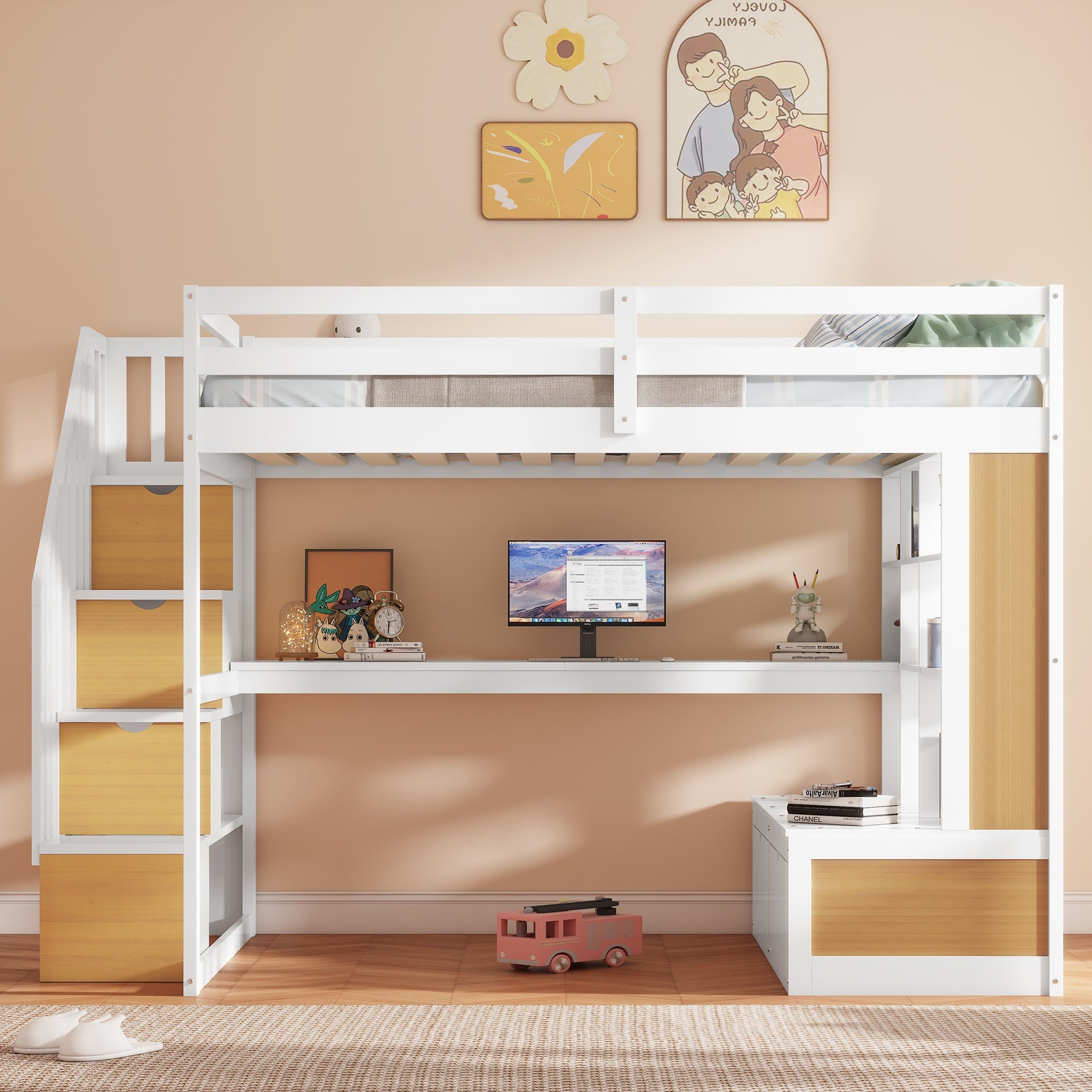 Full Size Loft Bed with Desk and Shelves, Two Built-in Drawers, Storage Staircase, White and Natural