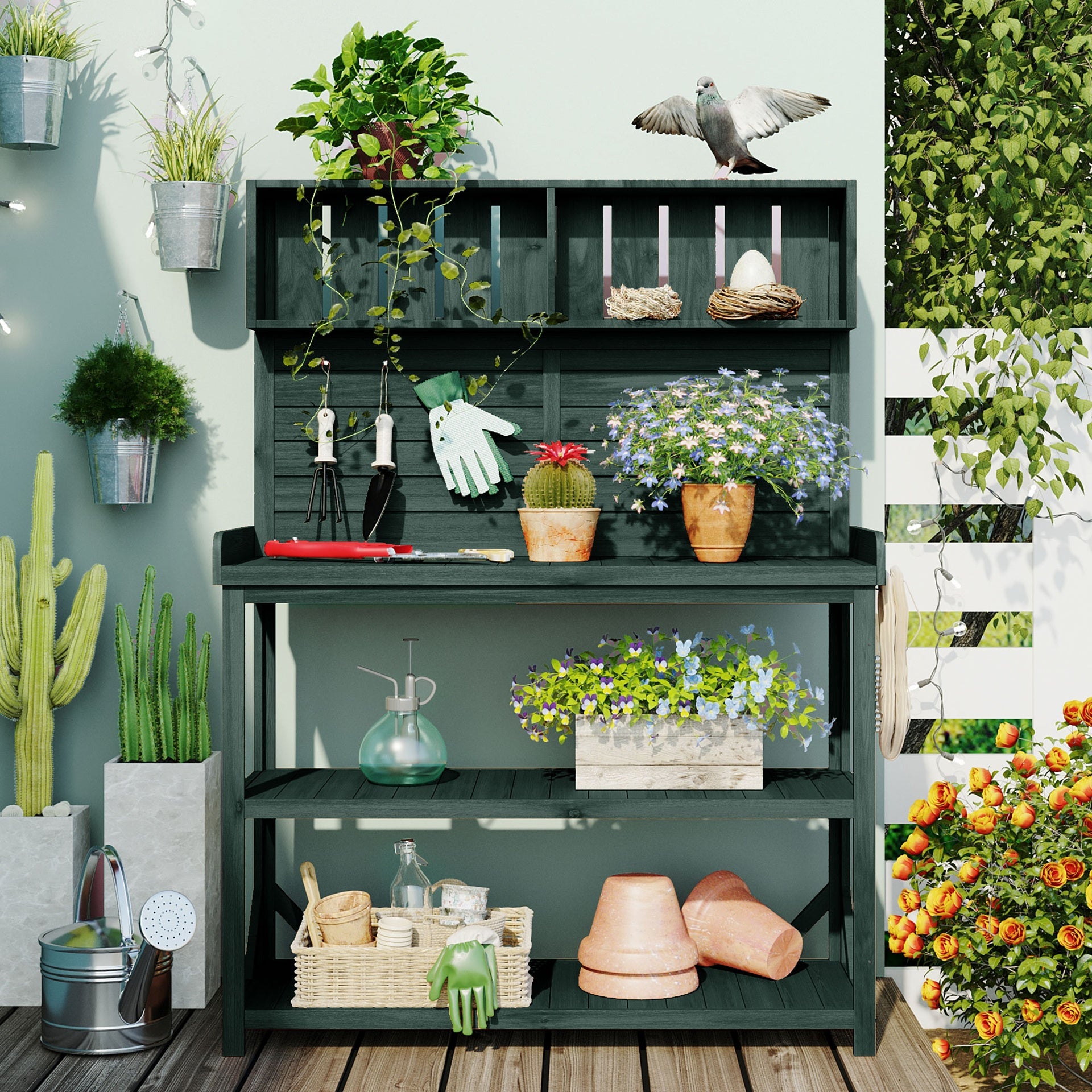 TOPMAX 65" Large Wooden Farmhouse Rustic Outdoor Potting Bench Table, Patio Workstation, Garden Potting Bench with 4 Storage Shelves and Side Hook, Forest Green