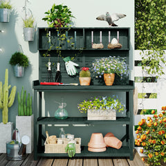 TOPMAX 65" Large Wooden Farmhouse Rustic Outdoor Potting Bench Table, Patio Workstation, Garden Potting Bench with 4 Storage Shelves and Side Hook, Forest Green