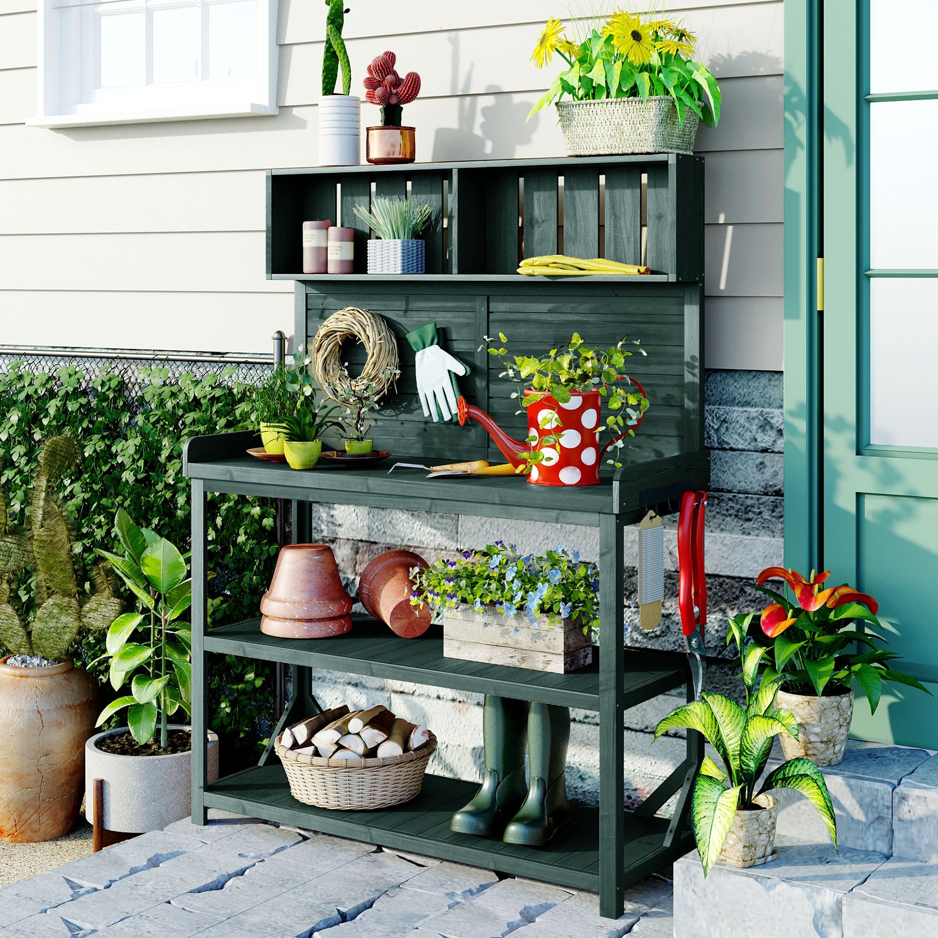 TOPMAX 65" Large Wooden Farmhouse Rustic Outdoor Potting Bench Table, Patio Workstation, Garden Potting Bench with 4 Storage Shelves and Side Hook, Forest Green