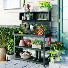 TOPMAX 65" Large Wooden Farmhouse Rustic Outdoor Potting Bench Table, Patio Workstation, Garden Potting Bench with 4 Storage Shelves and Side Hook, Forest Green