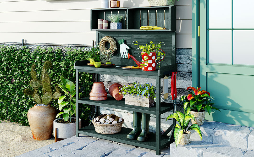 TOPMAX 65" Large Wooden Farmhouse Rustic Outdoor Potting Bench Table, Patio Workstation, Garden Potting Bench with 4 Storage Shelves and Side Hook, Forest Green