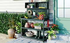 TOPMAX 65" Large Wooden Farmhouse Rustic Outdoor Potting Bench Table, Patio Workstation, Garden Potting Bench with 4 Storage Shelves and Side Hook, Forest Green