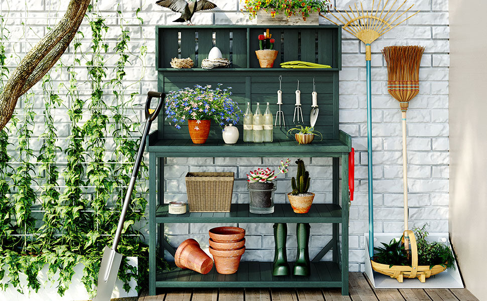 TOPMAX 65" Large Wooden Farmhouse Rustic Outdoor Potting Bench Table, Patio Workstation, Garden Potting Bench with 4 Storage Shelves and Side Hook, Forest Green