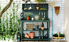 TOPMAX 65" Large Wooden Farmhouse Rustic Outdoor Potting Bench Table, Patio Workstation, Garden Potting Bench with 4 Storage Shelves and Side Hook, Forest Green