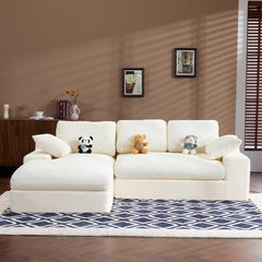 White corduroy compressed sofa. It has a soft and skin-friendly sitting feel, adding a healing atmosphere to the warm living room. It comes with 3 back cushions and 2 throw pillows.