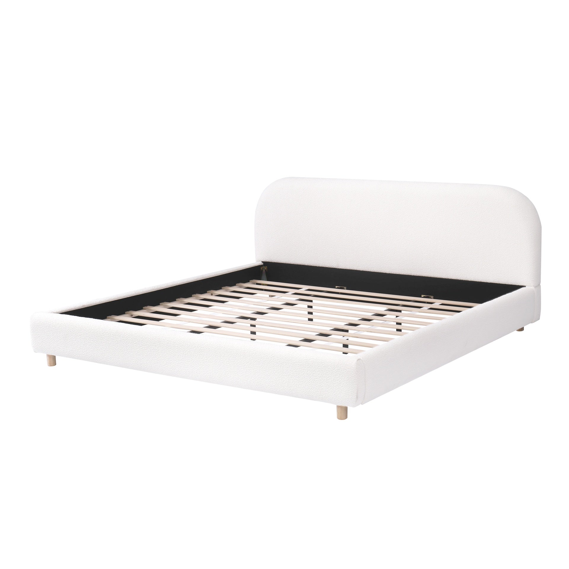 King Size Upholstered Bed With Boucle Fabric,Curved-Shape Design Thick Headboard, Solid Wood Legs,White