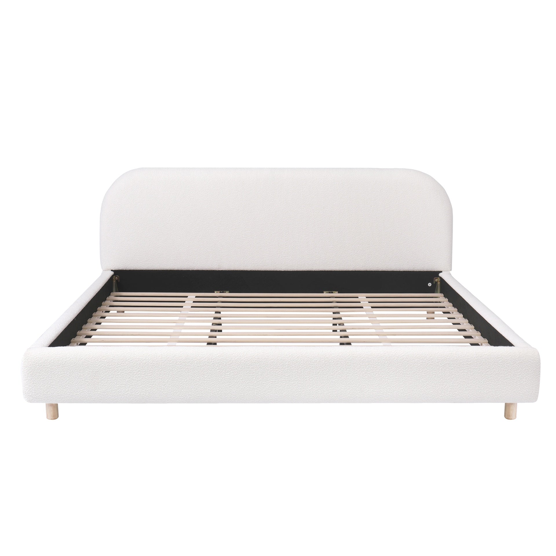 King Size Upholstered Bed With Boucle Fabric,Curved-Shape Design Thick Headboard, Solid Wood Legs,White