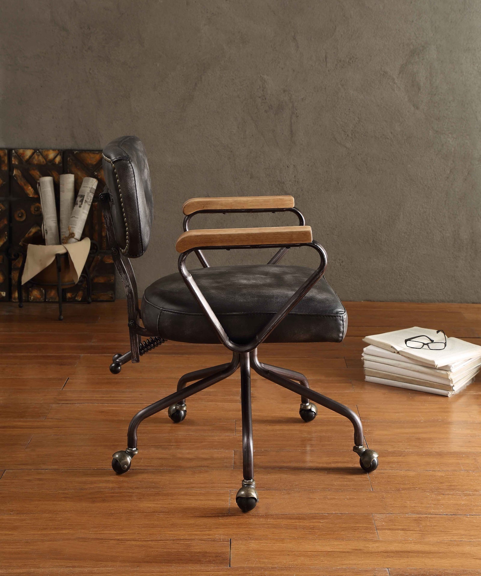 Hallie Vintage Black Top Grain Leather Office Chair