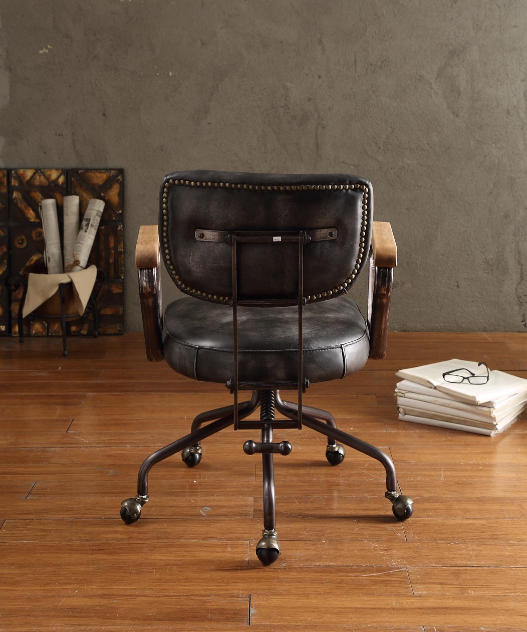 Hallie Vintage Black Top Grain Leather Office Chair