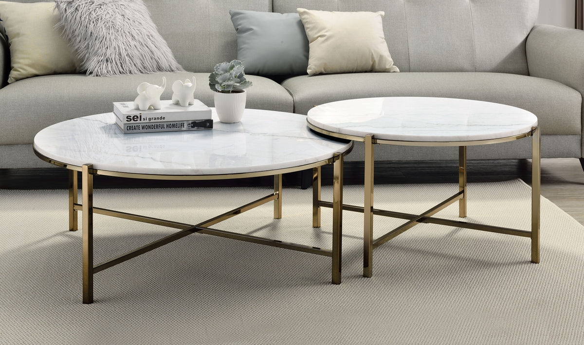 Zaidee Marble Top & Nickel Finish Nesting Table Set