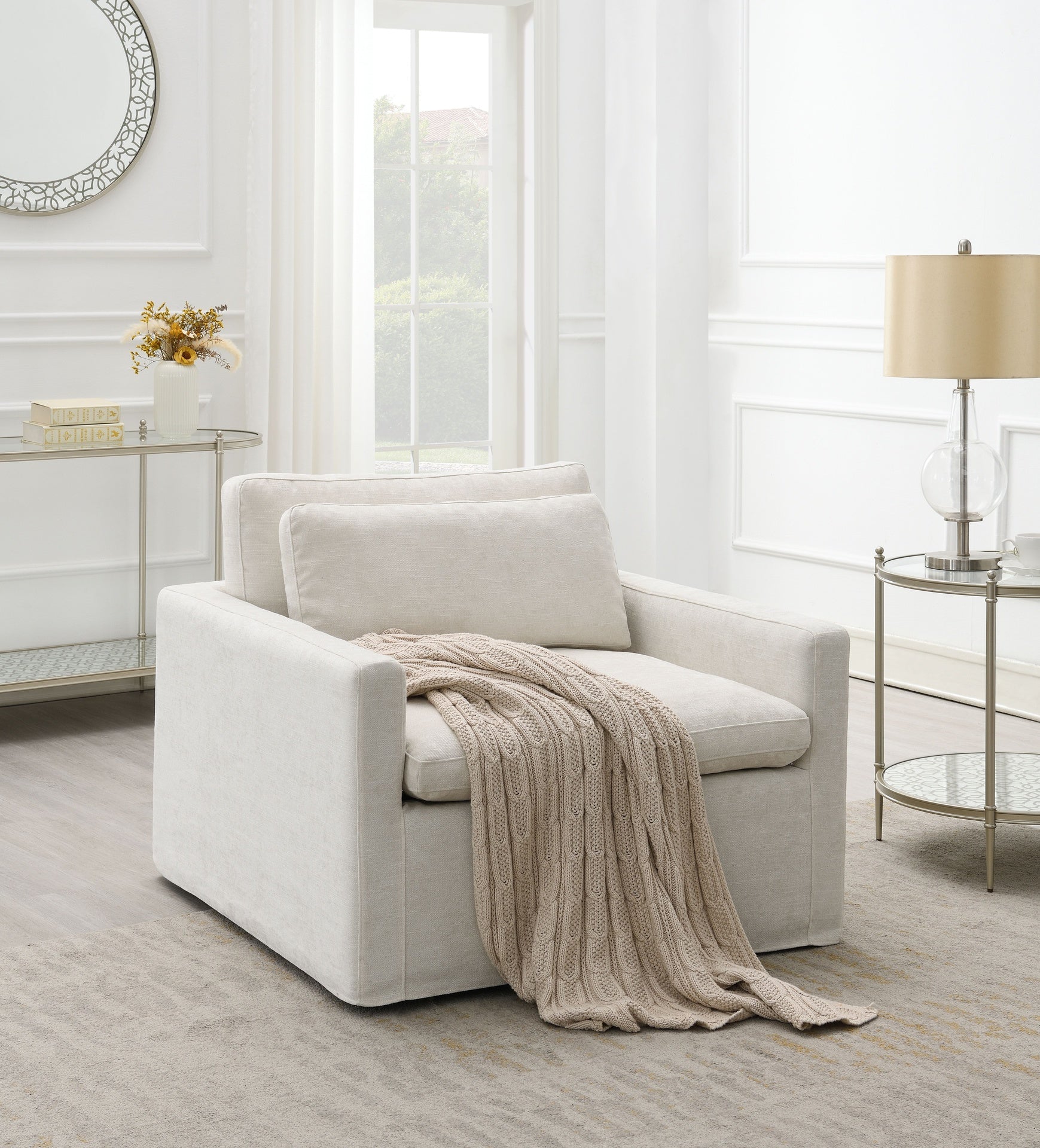 Naveen Ivory Fabric Swivel Chair with 1 Toss Pillow