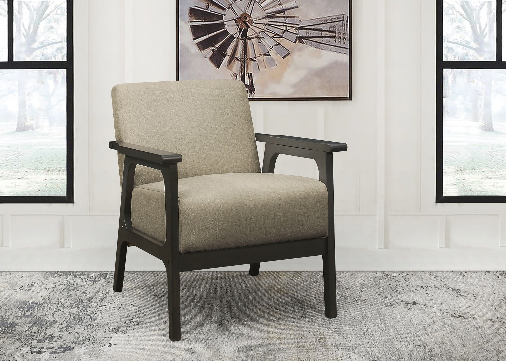 Light Brown Fabric Upholstered Accent Chair 1pc Solid Rubberwood Antique Gray Finish Living Room Furniture